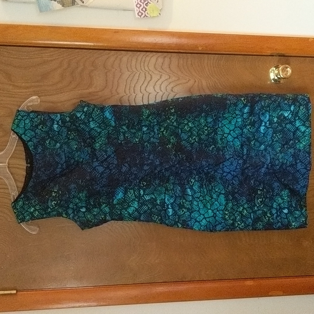 Blue, black and green fitted T Tahari dress